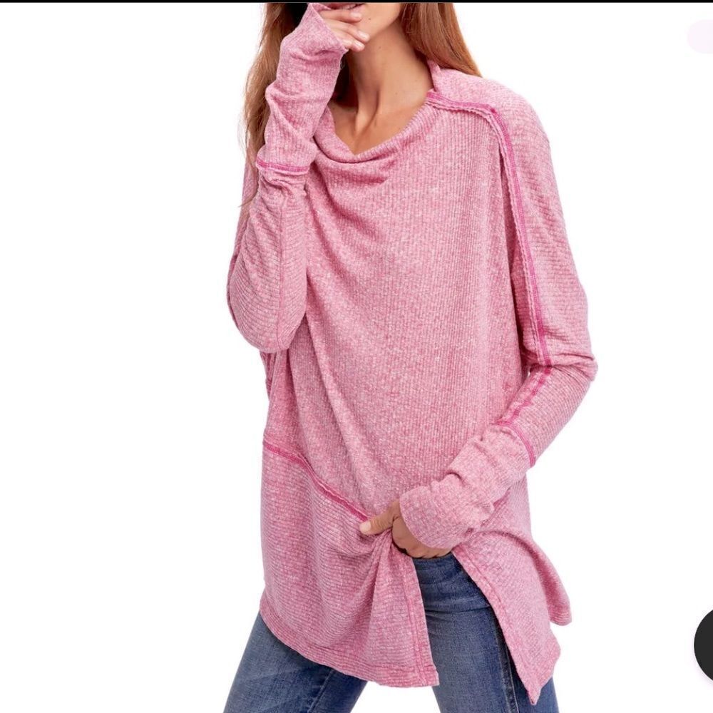 We the Free Free People “Londontown” Pink Asymmetrical Thermal Long-Sleeve Tunic